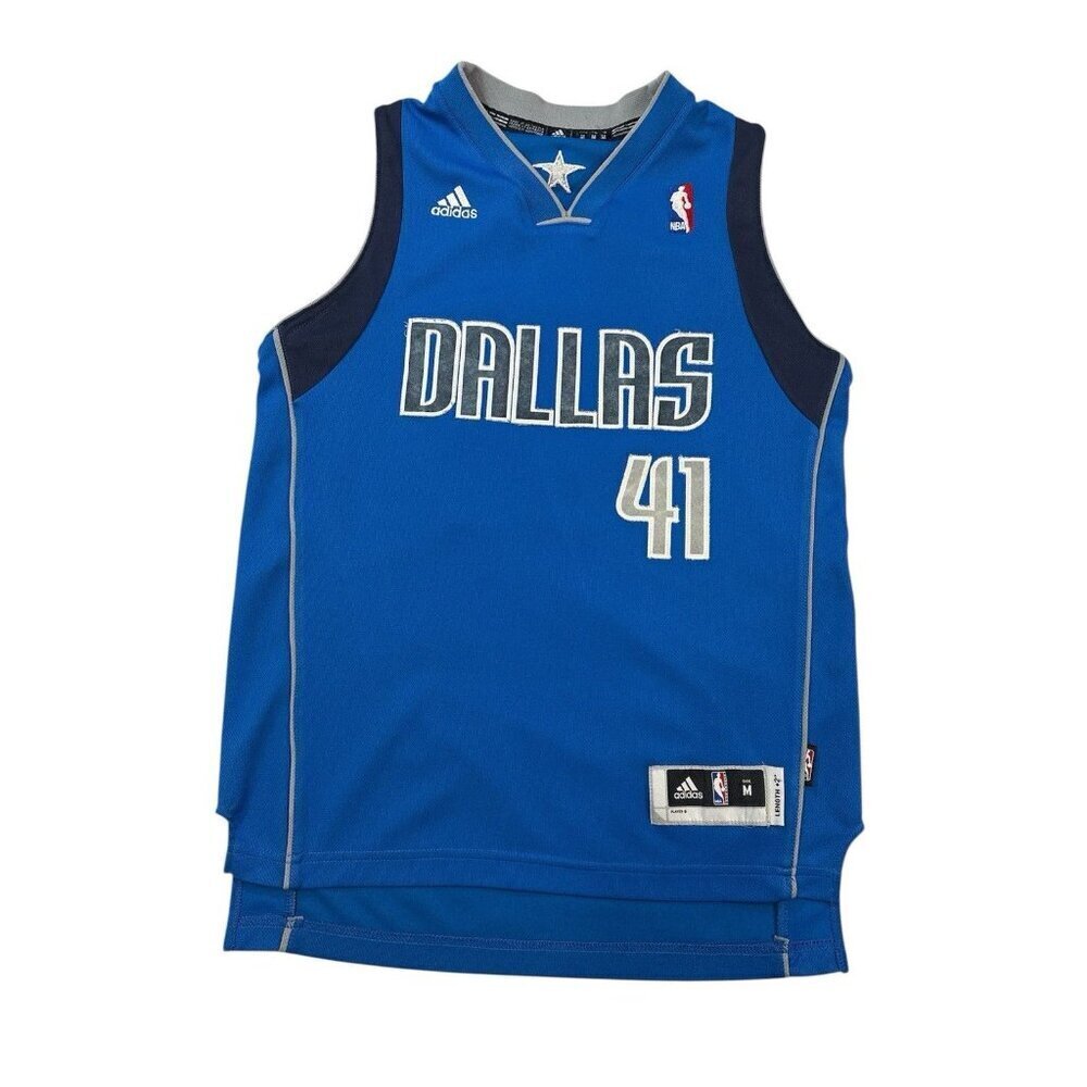 Vintage Adidas DIRK NOWITZKI #41 Dallas Mavericks Blue Jersey Size YOUTH Medium
